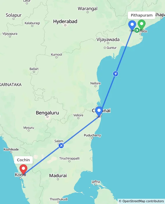 Route map showing distance and travel time from Pithapuram, India to Cochin, India