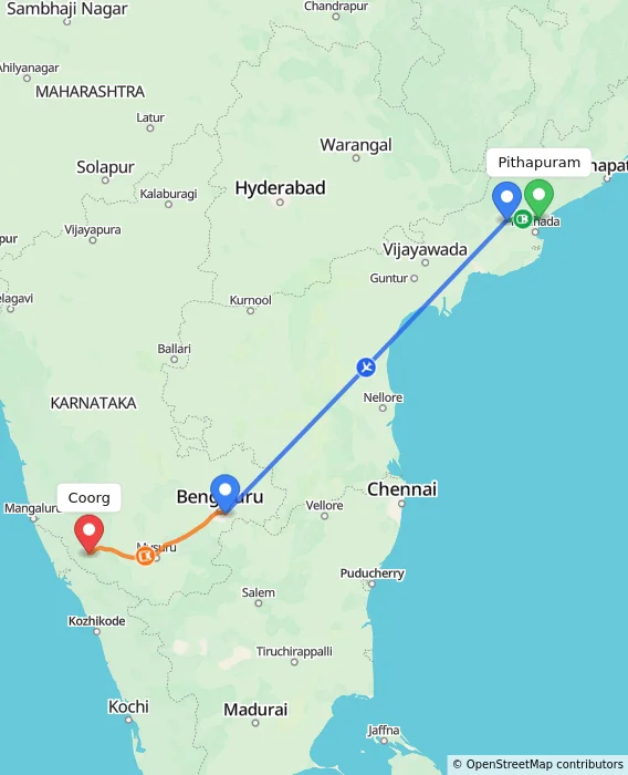 Route map showing distance and travel time from Pithapuram, India to Coorg, India