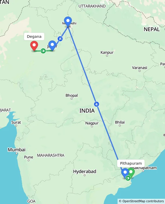 Route map showing distance and travel time from Pithapuram, India to Degana, India