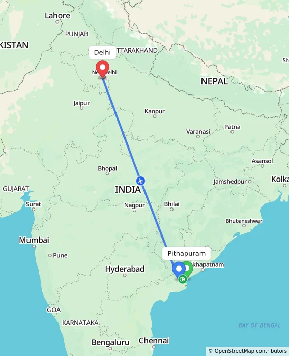Route map showing distance and travel time from Pithapuram, India to Delhi, India