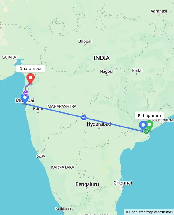 Route map showing distance and travel time from Pithapuram, India to Dharampur, India