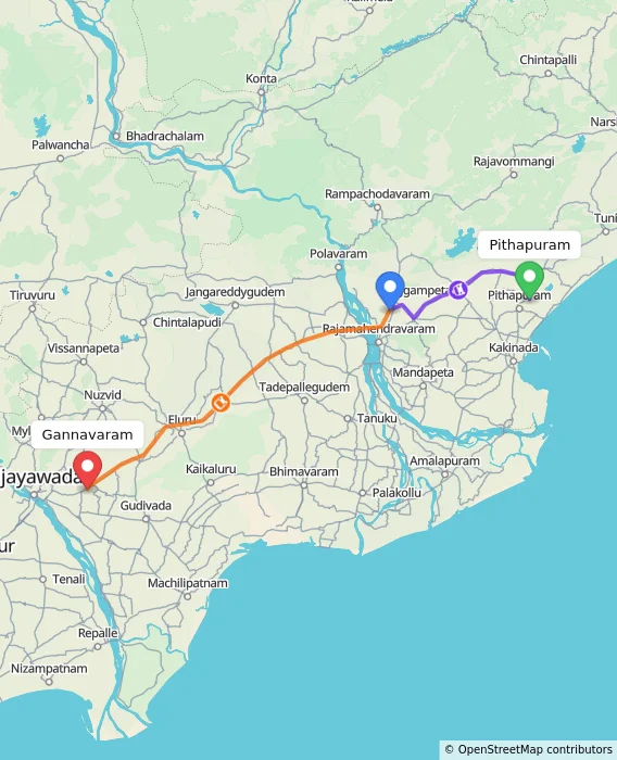 Route map showing distance and travel time from Pithapuram, India to Gannavaram, India