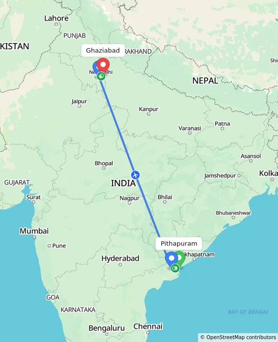 Route map showing distance and travel time from Pithapuram, India to Ghaziabad, India
