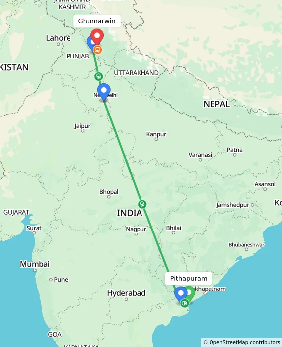 Route map showing distance and travel time from Pithapuram, India to Ghumarwin, India
