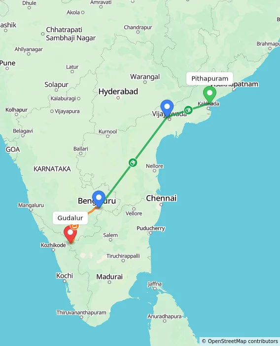 Route map showing distance and travel time from Pithapuram, India to Gudalur, India