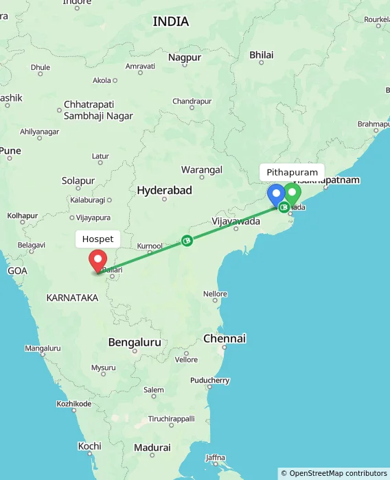 Route map showing distance and travel time from Pithapuram, India to Hospet, India