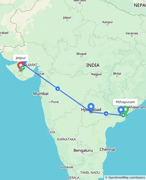 Route map showing distance and travel time from Pithapuram, India to Jetpur, India