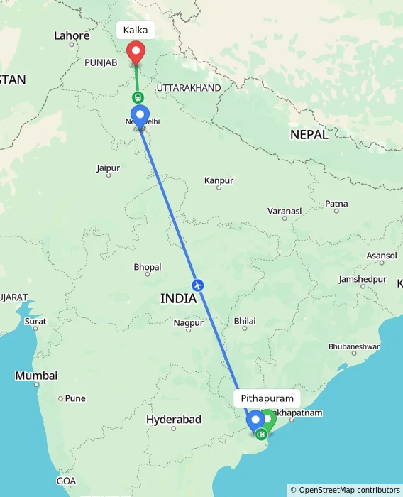 Route map showing distance and travel time from Pithapuram, India to Kalka, India