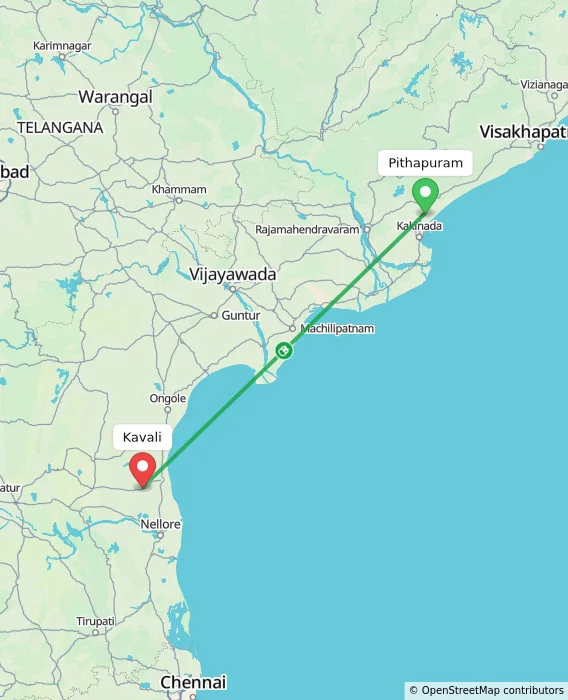 Route map showing distance and travel time from Pithapuram, India to Kavali, India