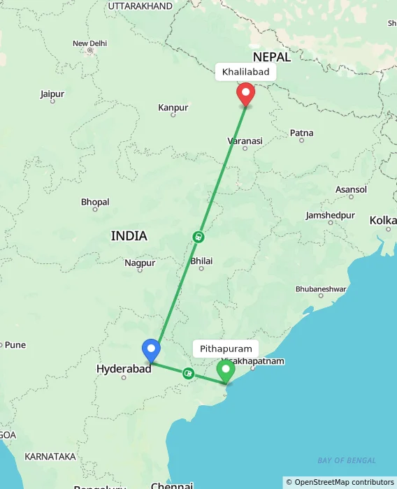 Route map showing distance and travel time from Pithapuram, India to Khalilabad, India