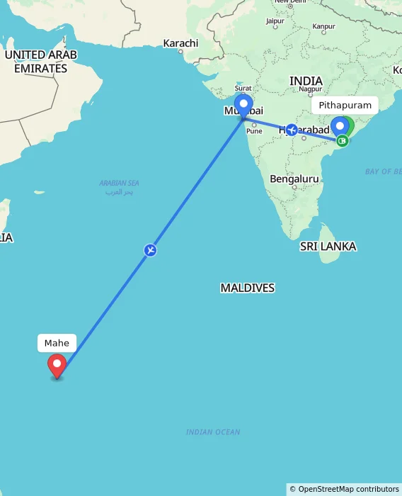 Route map showing distance and travel time from Pithapuram, India to Mahe, Seychelles