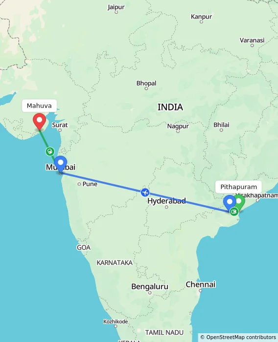Route map showing distance and travel time from Pithapuram, India to Mahuva, India