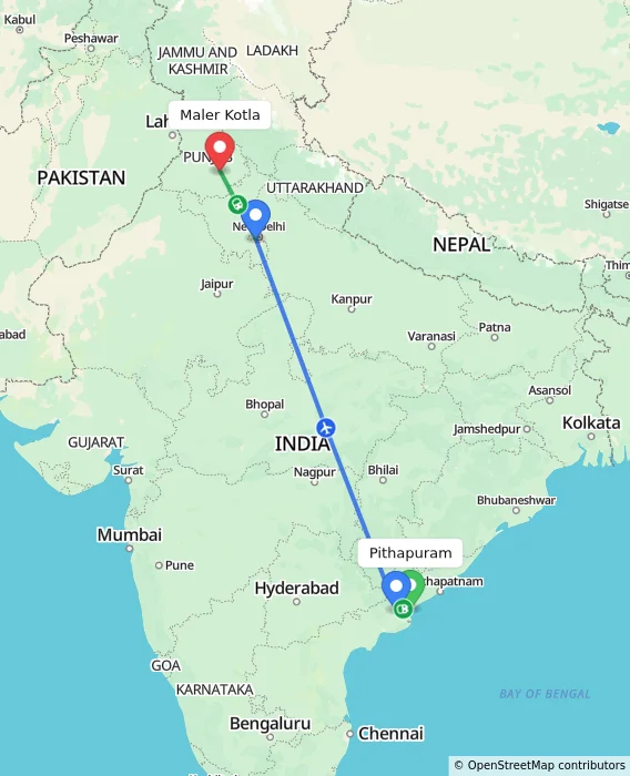Route map showing distance and travel time from Pithapuram, India to Maler Kotla, India