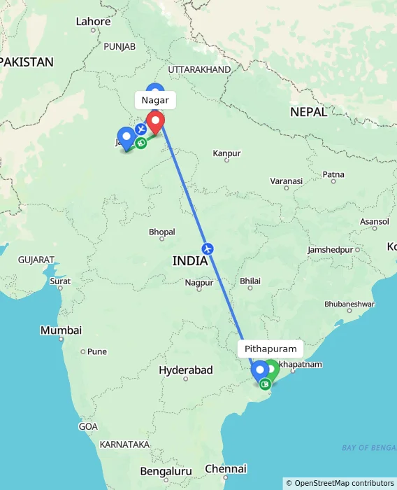 Route map showing distance and travel time from Pithapuram, India to Nagar, India