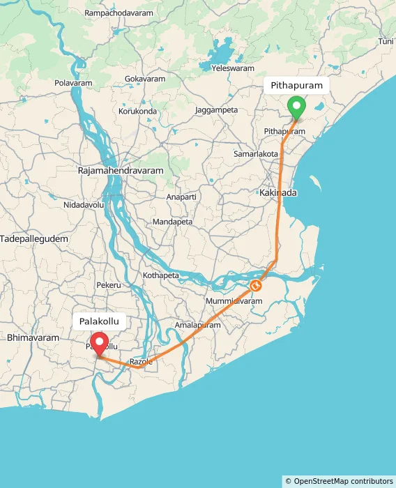 Route map showing distance and travel time from Pithapuram, India to Palakollu, India