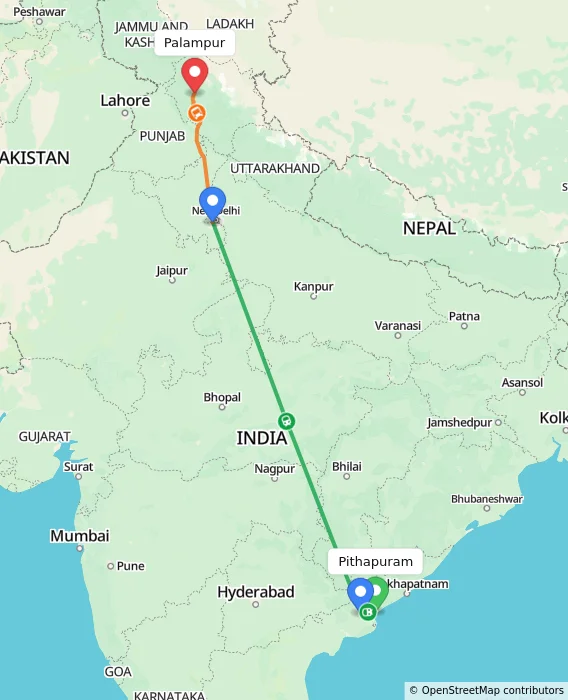 Route map showing distance and travel time from Pithapuram, India to Palampur, India