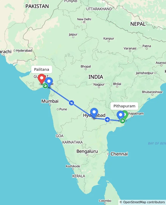 Route map showing distance and travel time from Pithapuram, India to Palitana, India