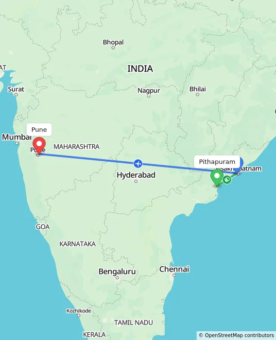 Route map showing distance and travel time from Pithapuram, India to Pune, India