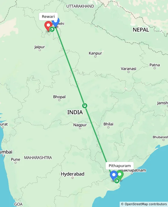 Route map showing distance and travel time from Pithapuram, India to Rewari, India