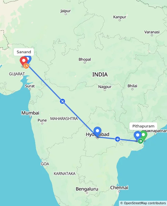 Route map showing distance and travel time from Pithapuram, India to Sanand, India