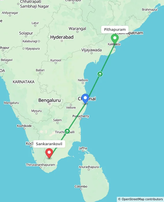 Route map showing distance and travel time from Pithapuram, India to Sankarankovil, India