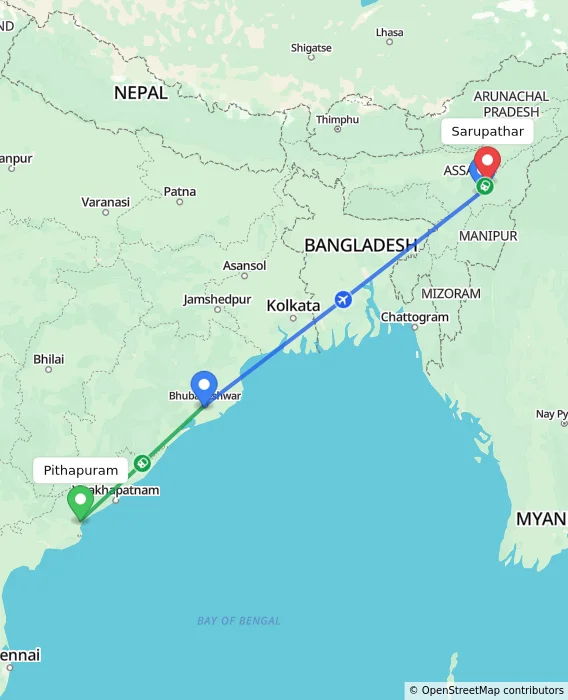 Route map showing distance and travel time from Pithapuram, India to Sarupathar, India