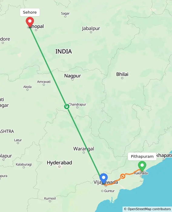 Route map showing distance and travel time from Pithapuram, India to Sehore, India