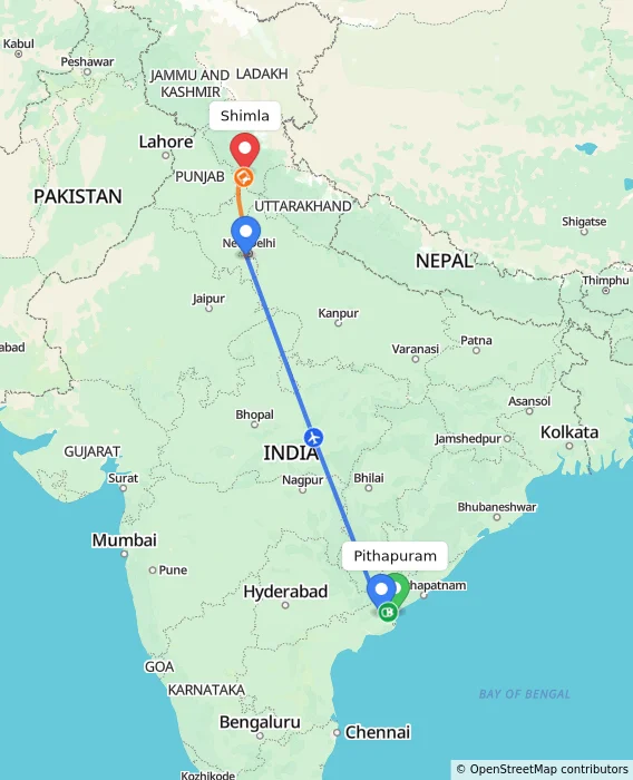 Route map showing distance and travel time from Pithapuram, India to Shimla, India