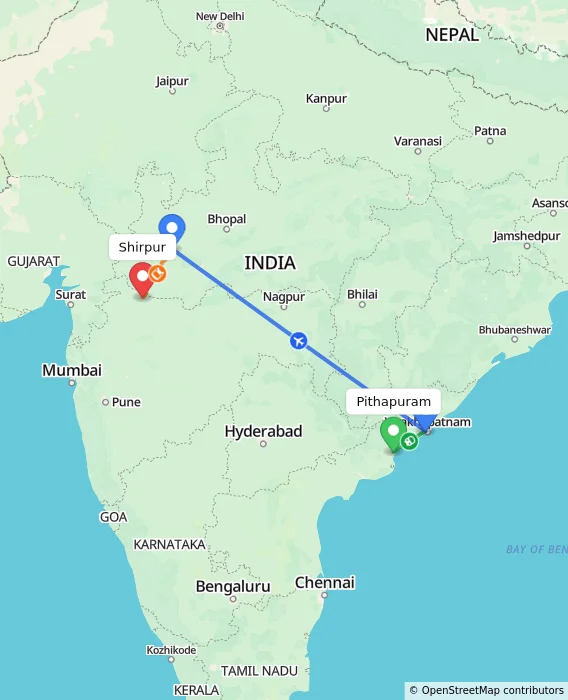 Route map showing distance and travel time from Pithapuram, India to Shirpur, India