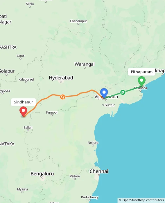 Route map showing distance and travel time from Pithapuram, India to Sindhanur, India