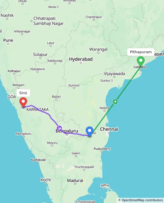 Route map showing distance and travel time from Pithapuram, India to Sirsi, India