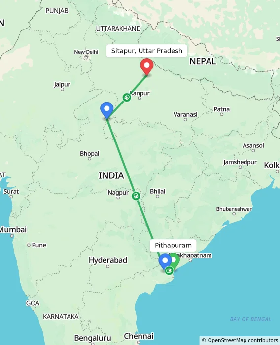 Route map showing distance and travel time from Pithapuram, India to Sitapur, Uttar Pradesh, India