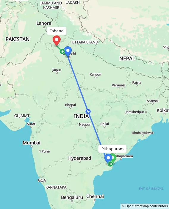 Route map showing distance and travel time from Pithapuram, India to Tohana, India