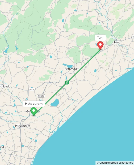 Route map showing distance and travel time from Pithapuram, India to Tuni, India
