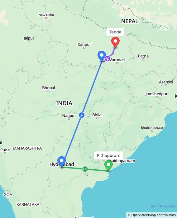 Route map showing distance and travel time from Pithapuram, India to Tanda, India