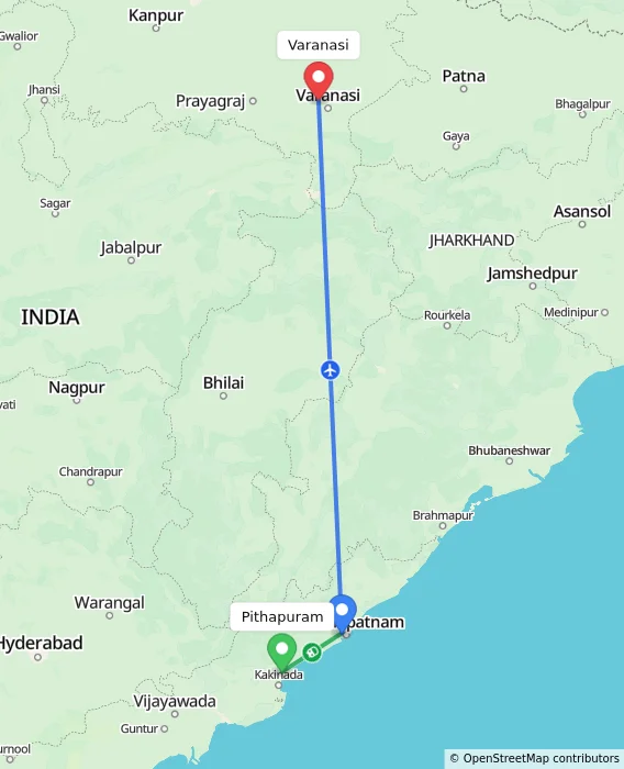 Route map showing distance and travel time from Pithapuram, India to Varanasi, India