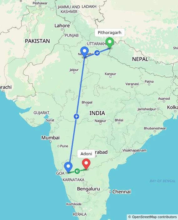 Route map showing distance and travel time from Pithoragarh, India to Adoni, India