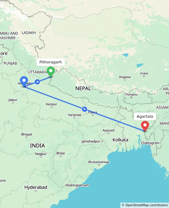 Route map showing distance and travel time from Pithoragarh, India to Agartala, India