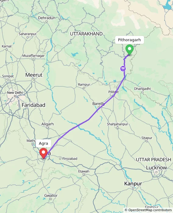 Route map showing distance and travel time from Pithoragarh, India to Agra, India