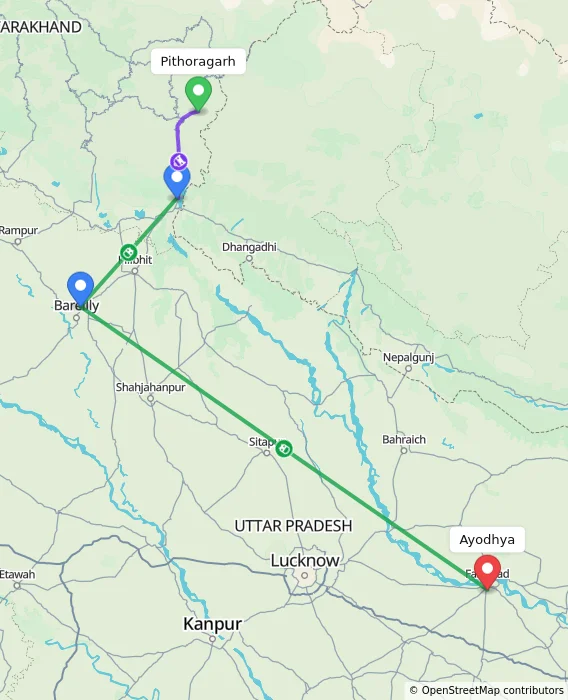 Route map showing distance and travel time from Pithoragarh, India to Ayodhya, India