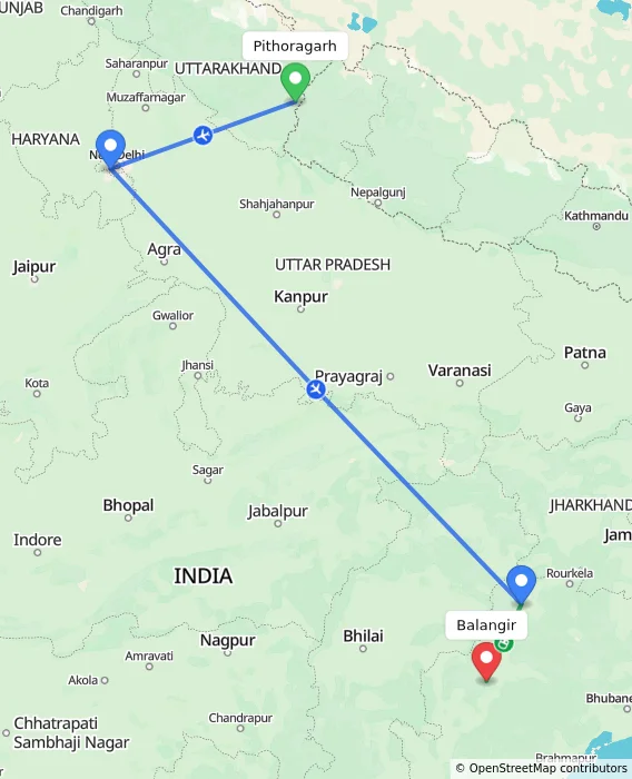 Route map showing distance and travel time from Pithoragarh, India to Balangir, India