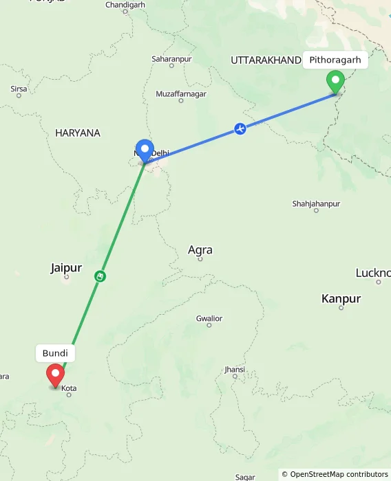 Route map showing distance and travel time from Pithoragarh, India to Bundi, India