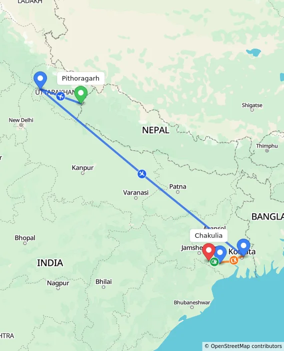 Route map showing distance and travel time from Pithoragarh, India to Chakulia, India
