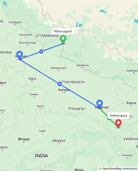 Route map showing distance and travel time from Pithoragarh, India to Daltonganj, India