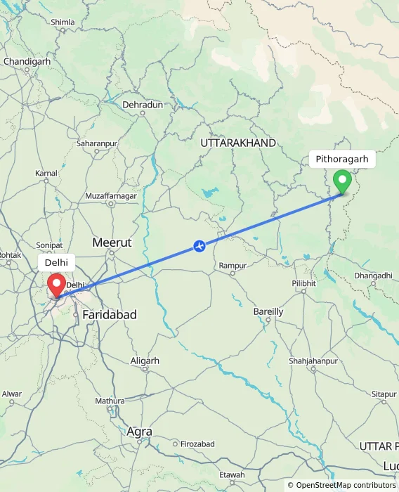 Route map showing distance and travel time from Pithoragarh, India to Delhi, India