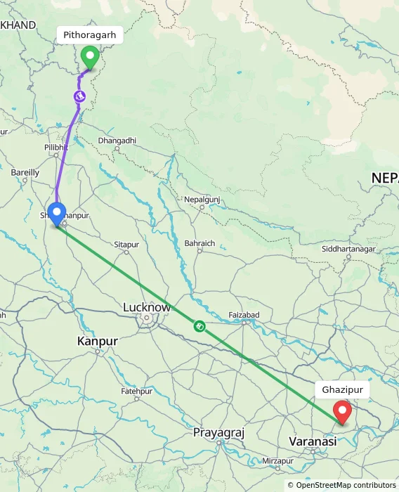 Route map showing distance and travel time from Pithoragarh, India to Ghazipur, India