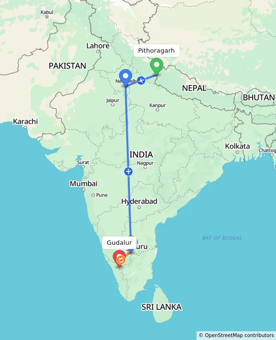 Route map showing distance and travel time from Pithoragarh, India to Gudalur, India
