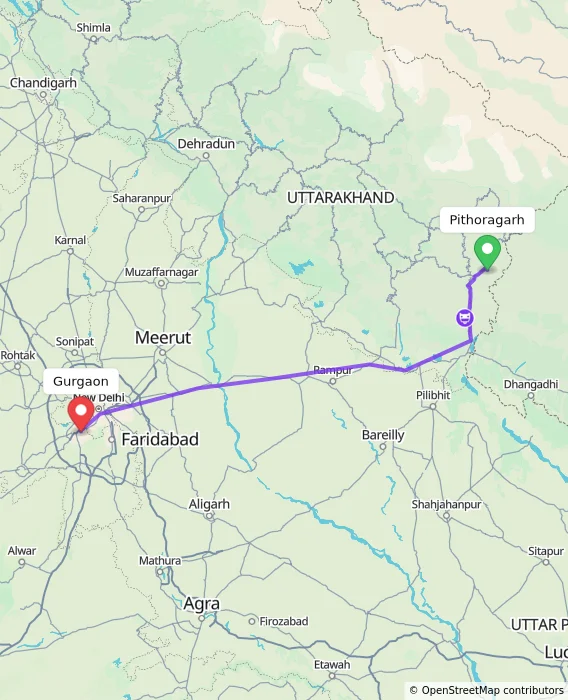 Route map showing distance and travel time from Pithoragarh, India to Gurgaon, India