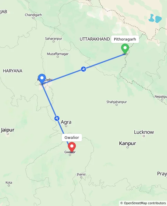 Route map showing distance and travel time from Pithoragarh, India to Gwalior, India