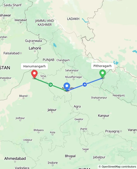 Route map showing distance and travel time from Pithoragarh, India to Hanumangarh, India
